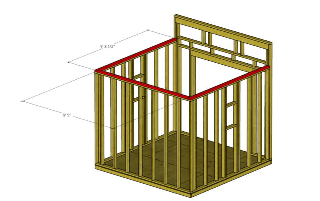 Install a double top plate on the framed shed walls as shown