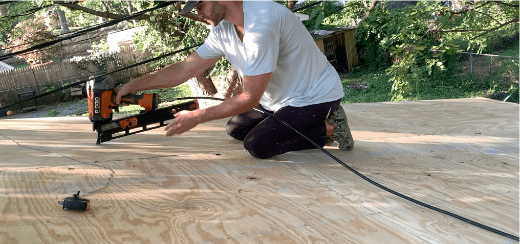 Secure Plywood Decking to the Lean to Shed Roof Rafter with Nails every 12"