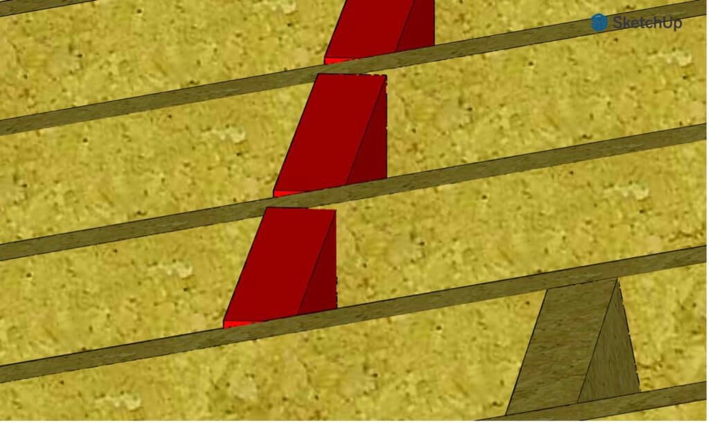 Blocking lumber must be trimmed from 5 ½” to 5 ¼” to prevent it from interfering with the roof sheathing